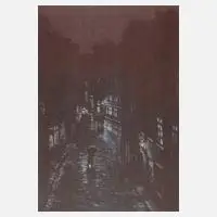 Prof. Friedrich Kallmorgen, Nächtliche Straße, Farblithographie auf blauem Karton