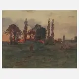 Ferdinand Bassot, Landschaft in der Dämmerung, Aquarell