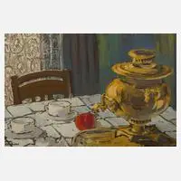 Georg Kosmiadi, Tafelstillleben mit Samowar, 1941, Gouache