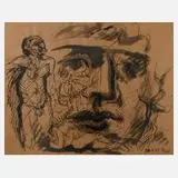 Karl Stengel, Figurative Szene, Tuschezeichnung auf getöntem Papier