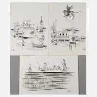 Shmuel Katz, Karikaturen zu Venedig, 1972, Tuschefeder