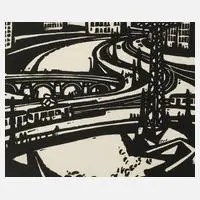 Lothar Rentsch, "Alte und Neue Elsterbrücke...", Linolschnitt