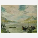 Estera Karp, Boote am Seeufer, Öl auf Leinwand