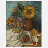 Hanns Kirchner, Stillleben mit Blumen und Tomaten, 1947, Öl auf Hartfaserplatte