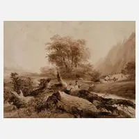 Eugène Blery, Am umgestürzten Baum, Tuschezeichnung mit Aquarell und Deckweiß