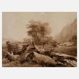 Eugène Blery, Am umgestürzten Baum, Tuschezeichnung mit Aquarell und Deckweiß