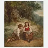 Jan Jacobus M. Damschreuder, Kinder mit Vogelnest, Aquarell über Bleistiftzeichnung