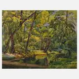 Fritz Pirner, Sonnige Waldlandschaft mit Bach, Aquarell