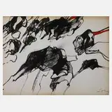 Peter Dotrel, Abstrakte Komposition mit Rot, Tuschepinsel und Feder in Schwarz und Rot