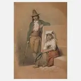 Christian Gonne, Junges italienisches Bauernpaar, Aquarell und Deckweiß überarbeitete Graphitzeichnung