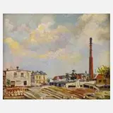 P. Ludwig, Sägewerk in Langenhessen bei Werdau, 1949, Öl auf Hartfaserplatte