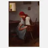 Theodor Schmidt, Mädchen beim Kartoffelschälen, Öl auf Holzplatte