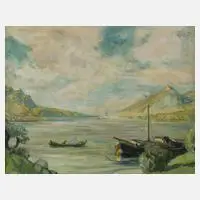 Estera Karp, Boote am Seeufer, Öl auf Leinwand