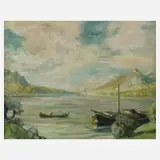 Estera Karp, Boote am Seeufer, Öl auf Leinwand