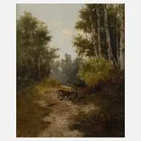 H. Eggert, Fuhrwerk in Waldlandschaft, Öl auf Leinwand