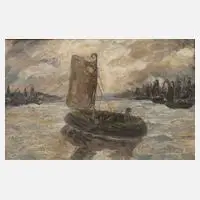 Prof. Walther Klemm, Segelboot im Hafen, Öl auf Pappe
