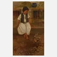 Géza Peske, Der Junge und die Küken, Öl auf Leinwand