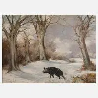 Schmidt, Wildschwein im Winterwald, 1933, Öl auf Sperrholztafel