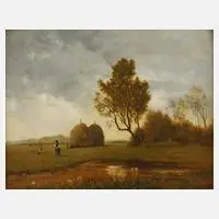Volke, Landschaft mit Heumieten, Öl auf Holztafel