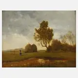 Volke, Landschaft mit Heumieten, Öl auf Holztafel