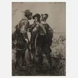 Gustav Adolf Kilb, "Drei Landsknechte", Radierung auf Japanpapier und auf Bütten kaschiert