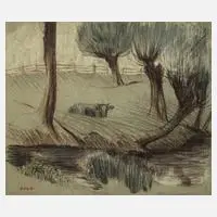 Paul Schad-Rossa, Auf der Weide, Pastellkreiden auf grünem Papier