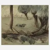 Paul Schad-Rossa, Auf der Weide, Pastellkreiden auf grünem Papier
