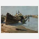 E. Devries, Boote im Hafen, Öl auf Leinwand auf Karton aufgezogen