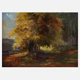 E. Göpel, Herbstlicher Waldweg, Öl auf Karton