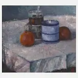 Ronald Wimberly, Hennig, "Stilleben mit 2 Äpfeln + Teeglas", Öl auf Faserplatte
