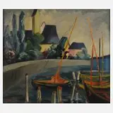 F. B. v. Jordan, Segelboote am Hafen, Öl auf Leinwand