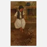 Géza Peske, Der Junge und die Küken, Öl auf Leinwand