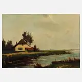 K. Wermelo, Häuschen am Flussdelta, Öl auf Leinwand