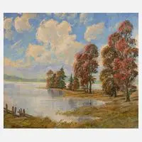 Heinz Münnich, Herbstliches Seeufer, Öl auf Malplatte
