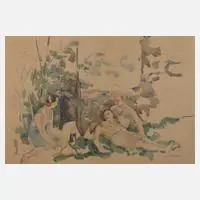 Otto Schubert, Picknick im Elbsandsteingebirge, Aquarell über Bleistiftvorzeichnung