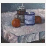 Ronald Wimberly, Hennig, "Stilleben mit 2 Äpfeln + Teeglas", Öl auf Faserplatte