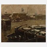 Georg Kersten, Hafenansicht, Öl auf Leinwand