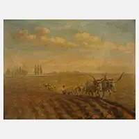 Pflügende ungarische Bauern by László Kézdi-Kovács, Öl auf Faserplatte, offered May 2023