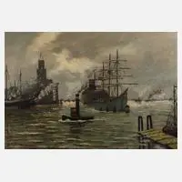 Hamburger Hafen by Wilhelm Mosblech der Jüngere, Öl auf Hartfaserplatte, offered May 2023