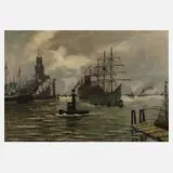 Wilhelm Mosblech der Jüngere, Hamburger Hafen, Öl auf Hartfaserplatte
