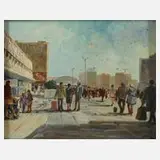 Gottlieb Schimmig, "Treffpunkt Alexanderplatz", Öl auf Hartfaserplatte
