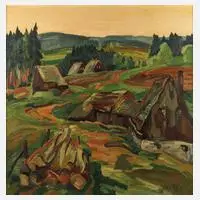 Fredo Bley, "Landschaft im Erzgebirge", Öl auf Sperrholztafel
