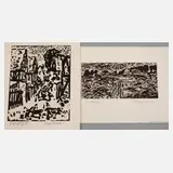 Fredo Bley, Zwei expressive Landschaften, Linolschnitt in Schwarz bzw