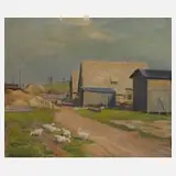 Alfred Tröger, Gänse auf der Dorfstraße, Öl auf Karton
