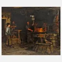 Erich Hammer, "In der Schmiede", Öl auf Holztafel