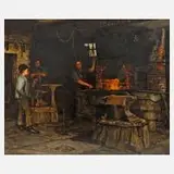 Erich Hammer, "In der Schmiede", Öl auf Holztafel