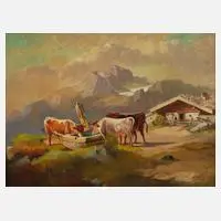 August Gerasch, Kühe auf der Alm, Öl auf Holz