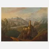 X. L. Hartig, Burg in alpiner Landschaft, 1834, Öl auf Holztafel