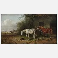 "Drei Pferde vor der Schmiede" by Ludwig Hartmann, 1899, Zeichnung, offered Sep 2023