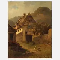 Karl Lafite, Fachwerkhaus im Gebirge, Öl auf Pappe